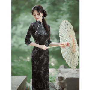 Fashion Improvement New Chinese Velvet Three-Quarter Sleeve Long Cheongsam Qi Pao Autumn and Winter Daily Skirt