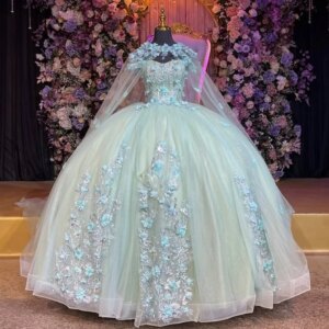 Customized Shiny Mint Green Quinceanera Dresses Off the Shoulder Tull Appliques layering 3D flower Vestido De 15 Quinceanera