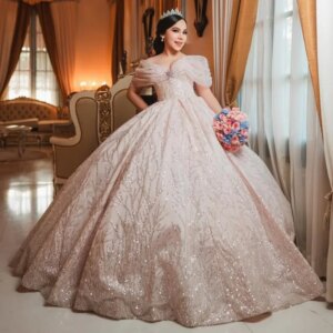 Customized Shiny champagne color Off Shoulder Quinceanera Dress Tul crystal Long tail beads vestidos de 15 Quinceanera