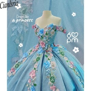 Sky blue romantic quinceanera dresses off shoulder beading crystals ball gown Sweet 16 dress Vestido de 15 años