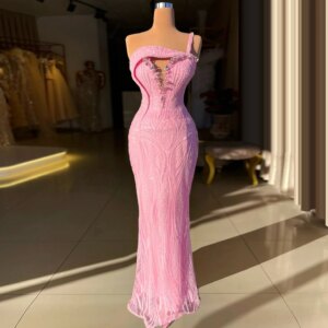 Pink V Neck Mermaid Evening Dress Cute One-Shoulder Formal Prom Dress Sequins Sleeveless Birthday Party Dress Customized 2025