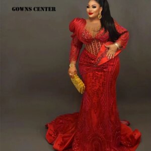 Aso Ebi Red Long Sleeves Mermaid Evening Dress Sparkly Crystals Beads African Wedding Reception Party Gowns Plus Size Customized