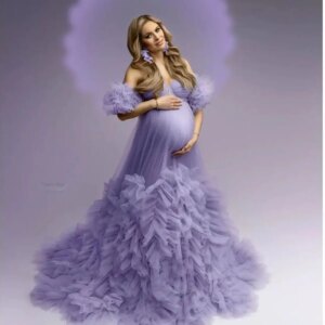 Illusion Maternity Dress for Photoshoot Pretty Lilac Purple Women Prom Dress Party Gown Ruffles Pregnancy Babyshower Customized