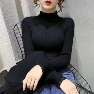 Super fine 100% pure cashmere sweater for women thin worsted fungus with ruffled leaf half neck tight drawstring long sleeve