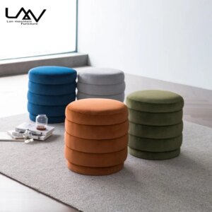 Modern Comfort Round Velvet Upholstered Footstool Living Room Bedroom Ottoman Stool Furniture