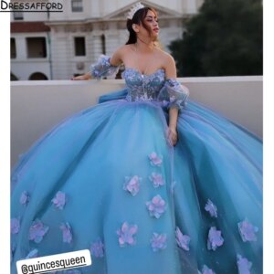 Blue Quinceanera Dresses Floral Appliques Flowers Vestidos De 15 Anos Court Train Floor Length Birthday Party