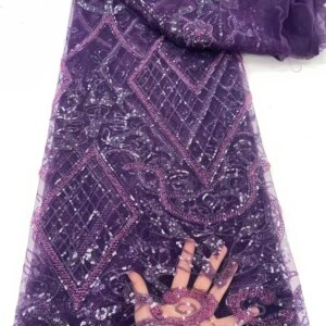 Purple African Lace Fabric with Sequins, Nigerian Lace, Cord Lace, French for Wedding Party Dresses, High Quality, 5 Yards 2024