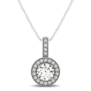 Milgrain Edge Diamond Halo Pendant in 14k White Gold 5 8 cttw