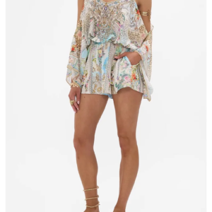 2025 New Ladies 100% Silk Rompers Flower and Leopard Print Heavy Beaded V-Neck Off the Shoulder Elastic Waist Holiday Playsuits