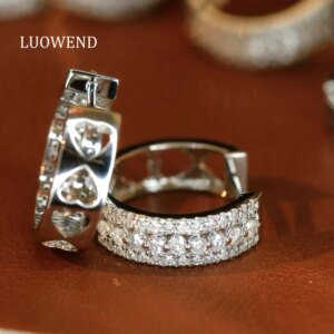 LUOWEND 100% 18K White Gold Earrings Fashion INS Style 0.70carat Real Natural Diamond Hoop Earrings for Women High Party Jewelry