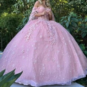 Pink Sparkly Crystal Appliques Quinceanera Dresses Ball Gown Off The Shoulder Beading Tull With Cape Sweet Vestidos De 15 Girls