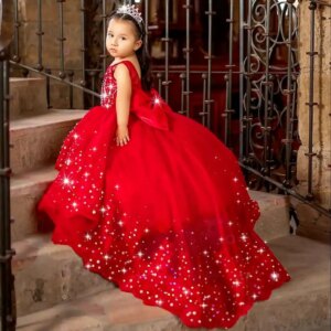 Red Flower Girl Dresses Customized Crystal Kids Princess Gown Birthday Party Gowns Quinceanera Litter Girl’s Pageant Dress
