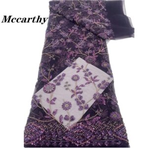 Purple African Heavy Beaded Net Lace Fabric 2024 High Quality Nigerian Shiny Sequins French Tulle Mesh Fabric For Wedding Party