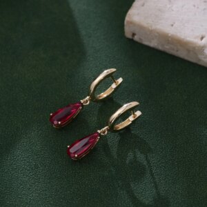 Provence gemstones custom solid 10K/14K gold earring pear shaped lab grown ruby Hoop Earrings for women Valentine’s Day gift