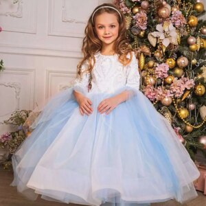 Sky Blue Tulle Puffy Flower Girl Dress  Girl Princess Lace  Wedding  Birthay Party Dress