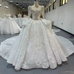 Weddings Dresses 2025 Long Sleeves Square Collar Beading Crystal Ball Gown Lace Up Back Long Bridal Dress vestido de novia