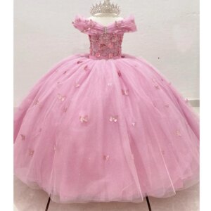 Pink Shiny Flower Girls Dress Off Shoulder Princess Ball Gown For Birthday Lace Crystals Beads Bow vestidos para niñas