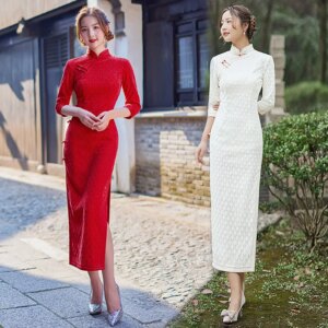 Chenille Wide Brim Long 3/4 Sleeves Red Daily Cheongsam New Wedding Banquet Mom Dress