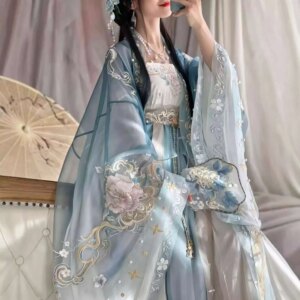 Carnival Halloween Cos Cosplay Tang System Heavy Industry Embroidery Big Sleeved Shirt One-piece Type Hezi Skirt Blue Suit