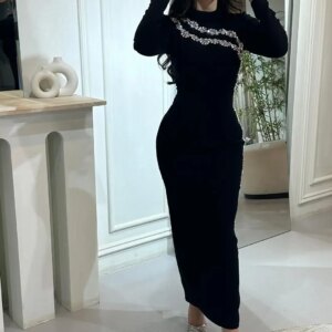 Elegant Mermaid Long Sleeves Prom Dresses O-Neck Beadings Ankle Length Black Party Dresses Evening Dresses