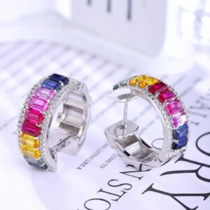 Ruif Exquisite 925 Silver Lab Created Gradient Rainbow Sapphire Stud Earrings for Women Sparkling Piercing Fine Jewelry