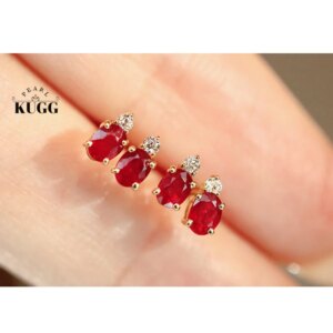 KUGG 100% 18K Yellow Gold Earrings Fashion INS Style Shiny Diamond Natural Ruby Stud Earrings for Women High Anniversary Gift