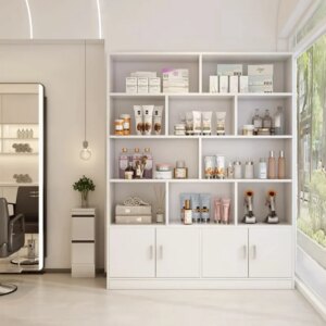 Wholesale price Beauty Salon store Barber shop Storage cabinet Iron Wooden Display Rack Floor Shelf with LED