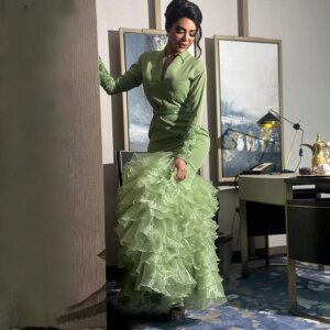 Customized Prom Dress Women’s V Neck Long Sleeve Crystal Tiered Ruffle Party Evening Gown Floor Length Special Occasion