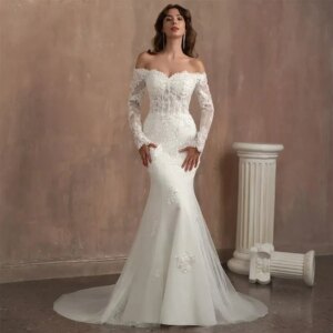 Elegance Gorgeous Tulle Wedding Dress Applique Long Sleeve Sexy Mermaid sweetheart Floor Length Bridal Gown Vestidos de Novia