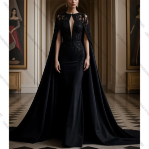 Black Cap Sleeves Mermaid Evening Dress Satin Lady Formal Prom Gown Robes De Soirée Customized Dresses