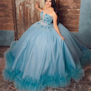 Customized Blue Strapless 3D Flower Quinceanera Dresses Ball Gown Bead Appliques Birthday Luxury Dress Ruffles Party Gown