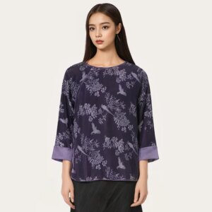 High Quality Women’s New Chinese Style Versatile Light Luxury Top round Neck Diagonal Bamboo Leaf Jacquard Silk