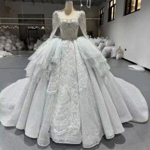 Vestido De Noiva Sereia Long Sleeves Square Collar Beading Crystal Ball Gown Lace Up Back Keyhole Wedding Dress