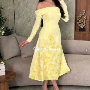 Customized Dresses For Prom A-Line Off-The-Shoulder Neckline Tea-Length Luxury Evening Dresses Flowers Long Sleeves Zipper Up
