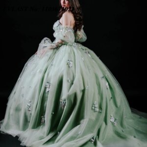 EVLAST Customized Sage Green Quinceanera Dress Ball Gown Lace Applique Beading Puffy Sleeve Sweet 16 Vestidos De 15 Anos SQ118