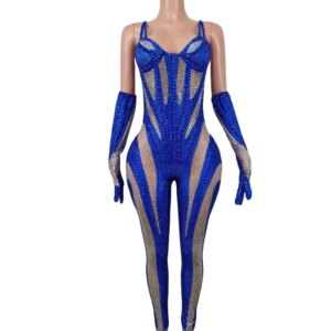 Blue Women Clothing Sexy Low Cut Crystal Beaded Women Jumpsuit with Rhinestone Party Club Glitter Bodysuit Dancer Stage Costumes