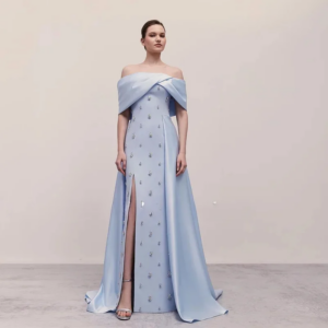 New Design Off-Shoulder Slit Prom Dresses with Crystals Saudi Arabic Women Sky Blue Satin Evening Gowns Formal Partycustomized