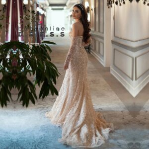 BABYONLINE Customized Evening Dress with Glitter Beadde Stones Gems Bodice Strapless Full Sleeve Sparking Mermaid Formal Gown