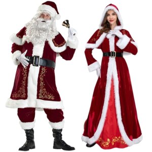 Santa Claus Costume Suit For Men Couples Deluxe Red Velvet Santa Dress Christmas Costumes For Women Holiday Party Cosplay Outfit
