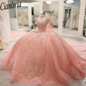 Pink Sweetheart Short Sleeve Quinceanera Dresses Ball Gown Beading Crystal Appliques Lace Sweet 15 Años Mexican Customized