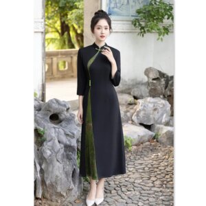 Fashion Improvement New Chinese Style Long 3/4 Sleeves Cheongsam Qi Pao Large Swing Dress Autumn Daily Wearable