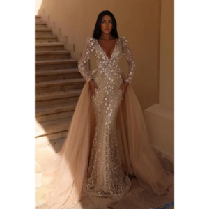 Luxury Sequined Flowers Evening Dresses Fashion V-Neck Beads Mermaid Prom Gowns Chic Long Sleeves Sweep Train Party Dresses