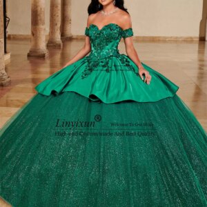 Mexico Emerald Green Quinceanera Dresses Glitter Applique Beaded Ball Gown Off Shoulder Birthday 16 Vestido De 15 Anos Lace-Up