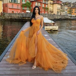 Orange Tulle Long Prom Dresses Sexy A Line Evening Gowns Women Photoshoot Sleeveless Party Dress High Slit Vestido de noche