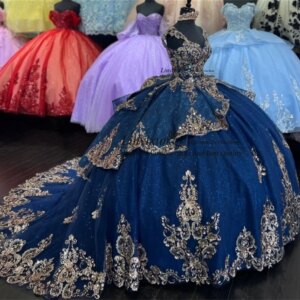 Customized Navy Blue Quinceanera Dress Ball Gown Gold Lace Applique Beading Corset Sweet 16 Birthday Vestidos De 15 Anos