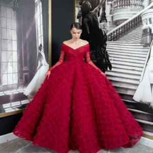 Customized Elegant Graceful Burgundy Evening Dresses Luxury Long Sleeves Off the Shoulder Wedding Dress Ball Gowns Bridal Party