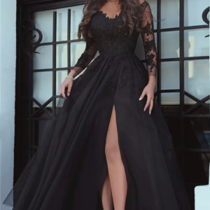 Customized Elegant Black Lace Long Sleeve Floor Length Prom Dress Sexy Split V-Neck Tulle Formal Occasion Party Evening Dress