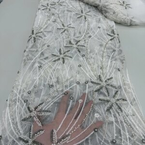 Latest Nigerian Lace Fabrics Fashion Women African Tull Lace Luxury Handmade Bead sequins Fabrics For Wedding 5Yards
