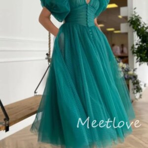 Meetlove 2024 Customized Glitter A-Line V Neck Half Lantern Sleeves Tulle Ankle Length Prom Party Dress Evening Dress