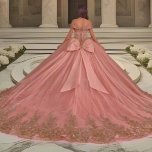 Customized Elegant Pink Birthday Party Dresses Women Off Shoulder Gold Lace Applique Bow Prom Occasion Vestido De xv Quinceanera